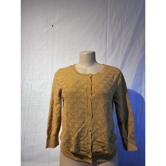 ModCloth Mustard Yellow Textured Knit Cardigan Sweater Women’s L - Picture 2 of 11